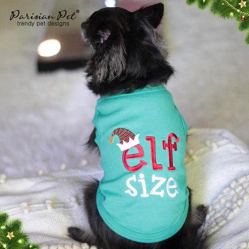 Parisian Pet Dog Tshirt, Embroidered “Elf Size” Dog Shirt, Lightweight Cotton, Machine Washable