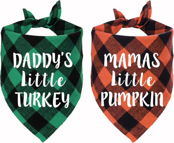 STMK Holiday Plaid Dog Bandanas for Halloween Thanksgiving, Daddy's Little Turkey & Mama's Little Pumpkin Scarf for