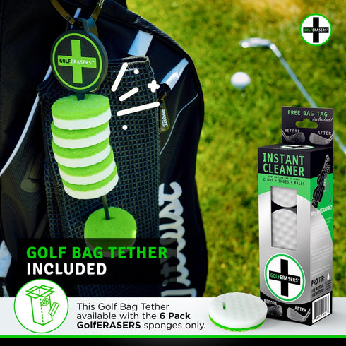 Instant Golf Eraser with Bag Tether, Premium Dual-Sided Sponge for Cleaning Clubs, Shoes & Golf Balls, 6 Pack