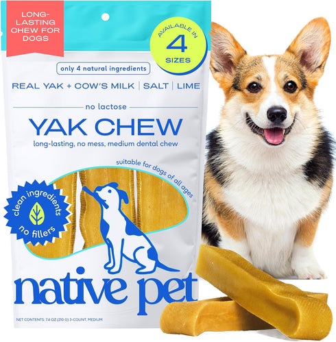 Native Pet Yak Cheese Himalayan Dog Chews, Long Lasting Dental Sticks for Medium Breeds, 100% All Natural, 3 Per Pack