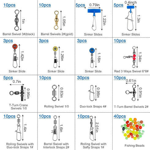 SILANON Fishing Tackle Kit with 174pcs Swivels, Sinker Slides, 3 Way Swivels, Duo Lock Snaps, Barrel Snap Swivels in