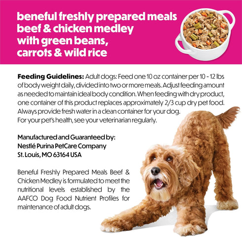 (Pack 8) 10 oz. Purina Beneful Dog Food Freshly Prepared Meals Beef and Chicken Medley with Green Beans, Carrots