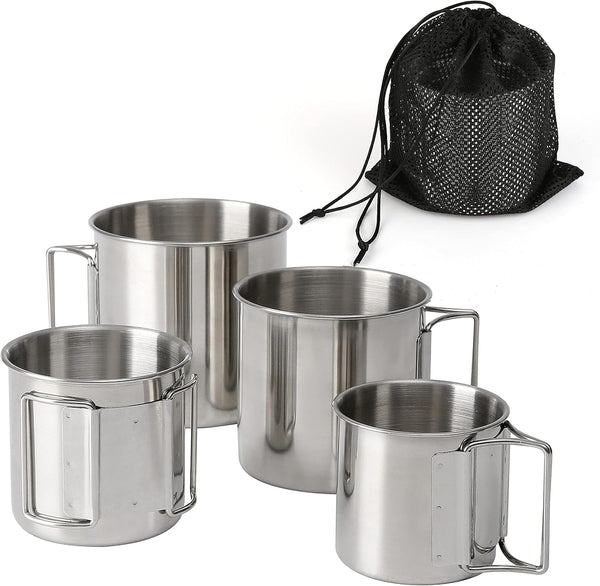 Stackable Stainless Steel Camping Mug Set, Portable Cups with Folding Handle & Mesh Bag for Outdoor Camping, 4 Piece Set