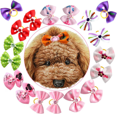 YOY 50 Pcs Adorable Grosgrain Ribbon Pet Dog Hair Bows with Elastic Rubber Bands, Doggy Kitty Topknot Grooming