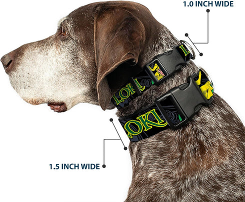 Dog Collar Plastic Clip Loki In Action, Black Gray Yellow Green, 11 to 17 Inches, 1.0 Inch Wide