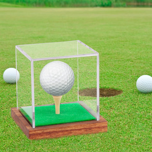Clear Acrylic Golf Ball Display Case with Wood Base & Tee, Memorabilia Stand Cube Holder, Dust Protection Transparent