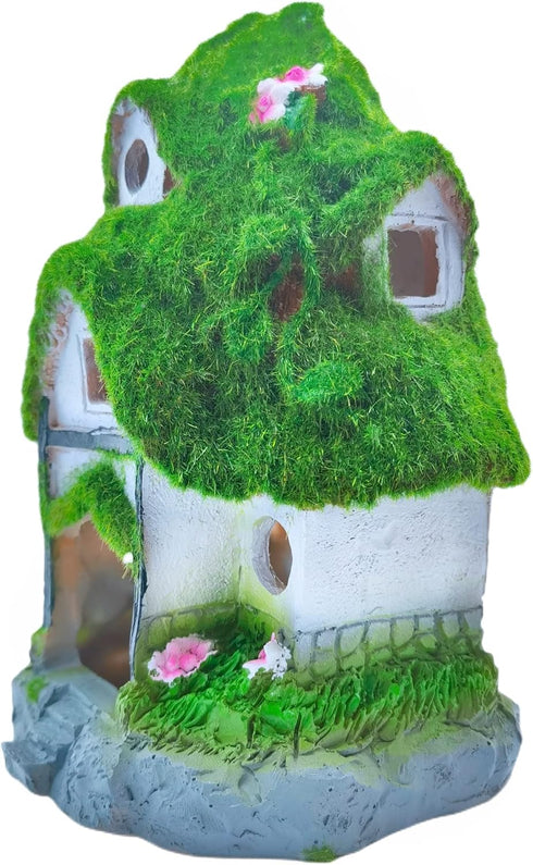 Aquarium Decorations Fish Hideout House, Betta Cave with Green Lifelike Moss (Garden Shed)