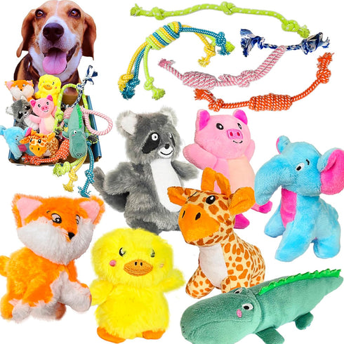 Jalousie Multipack Dog Squeaky Toys, Bulk Dog Toy for Small Medium Large Dogs (12 Pack Rope and Plush)