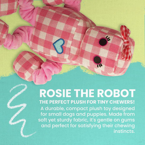 SNUG AROOZ Snugarooz Rosie The Robot Plush Dog Toy with Repair Patch Durable Gingham Linen - Bungee Arms & Legs