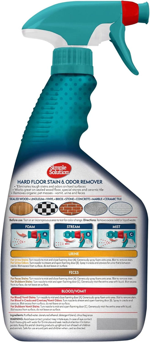 Simple Solution Hard Floor Pet Stain and Odor Remover | Dual Action Cleaner for Sealed Hardwood Floors | 32 Ounces