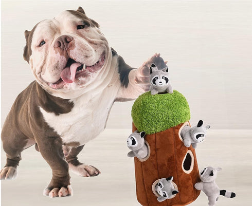 5-Pack Glow Pups Dog Puzzle Plush Toy Tree with Squeaky Raccoons, Interactive Hide and Seek Fun, Promotes Mental