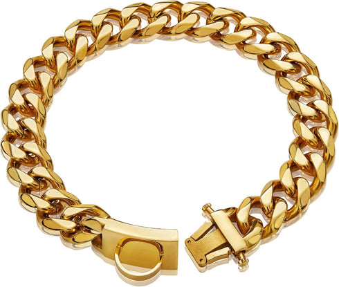 Gold Dog Chain Collar Walking Metal Stainless Steel Choke Collar with Secure Buckle, 18K Cuban Link for Medium Dogs