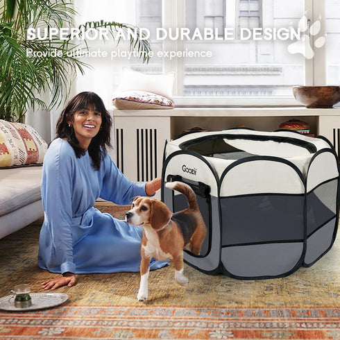 Goozii Pet Cat Playpen for Indoor Cats Enclosed, Puppy Dog Play Pen for Outdoor Travel Camping (Small Size, Beige