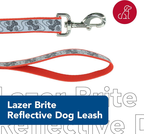 Coastal - Lazer Brite - Reflective Dog Leash, Red Paws and Bones, 1" x 06'