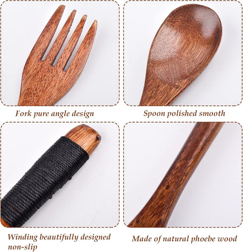 Wooden Cutlery Set, Spoon And Fork Set, Reusable Travel Cutlery Set with Case, Wooden Portable Cutlery Set, Rope Winding Processing, for Lunch, Camping, Travel, Household Office by JIABEIUS