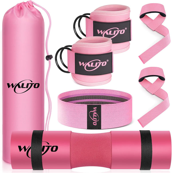WALITO 8Pcs Barbell Pad Set for Hip Thrust, Squat Pad with Gym Ankle Straps, Resistance Bands, Carry Bag