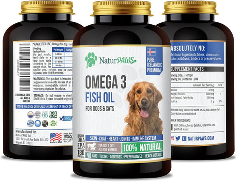 NATURPAWS 3 1000 Immune 180 Omega Fish Oil Supplement for Dogs and Cats - mg Pure DHA and EPA Omegas - Supports Healthy