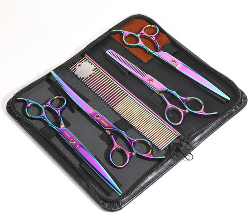 7.0in Set, 6 1 Titanium Professional Pet Grooming Scissors GEMEK in Straight & Thinning & Upwards Curved & Downwards