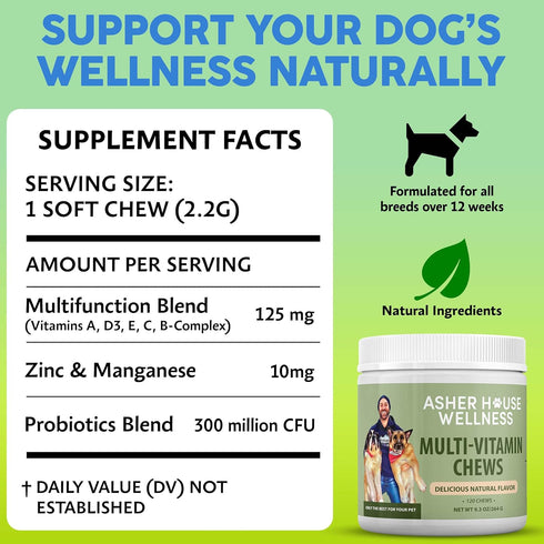 120 Asher House Wellness Dog Multivitamin Chews - Dog Vitamins and Supplements, Soft Chew for Pet Dogs with Probiotics