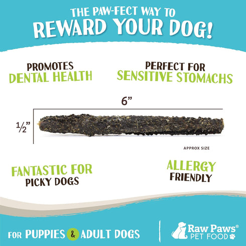 Raw Paws Green Lamb Tripe Sticks for Dogs, 10-Count, Crunchy All Natural Dog Treats, Single Ingredient, Grass-Fed &