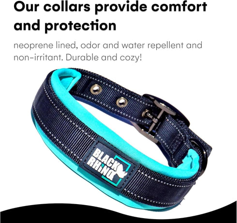 Black Rhino Adjustable Reflective Dog Collars for Medium Dogs - Heavy Duty with Ultra-Soft Neoprene Padding - Aqua and