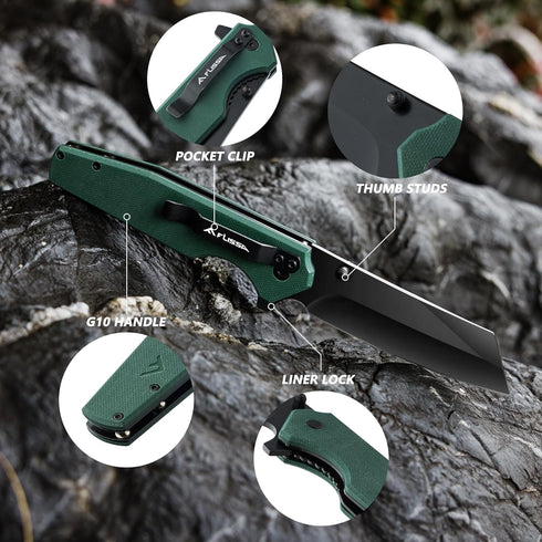 FLISSA Folding Knife, 4-3/4" Reverse Tanto Folding Pocket Knife, Black Stonewash Blade, G10 Handle for Hunting,