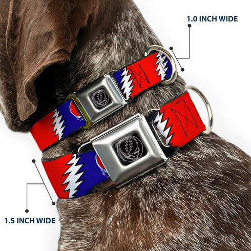 Dog Collar Seatbelt Buckle, Steal Your Face Lightning Bolt Repeat, Red White Blue, 18 to 32 Inches, 1.5 Inch Wide