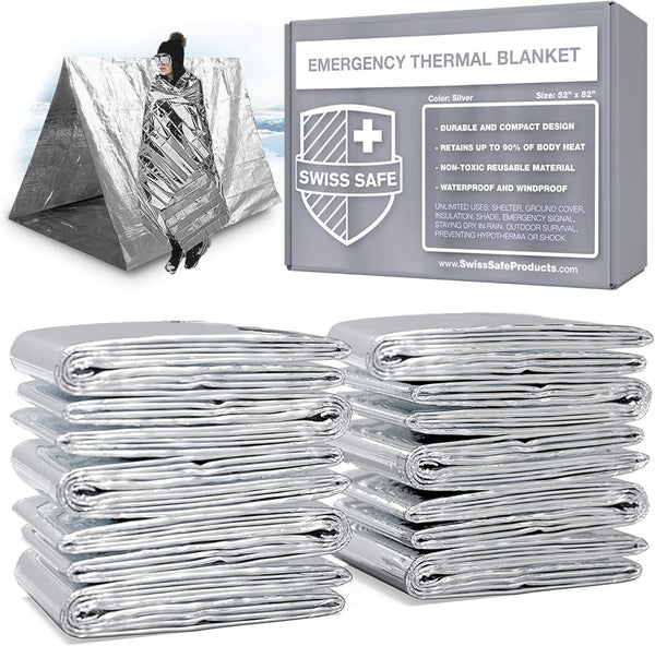 Swiss Safe Emergency Mylar Thermal Blankets + Bonus Space Blanket - Compact