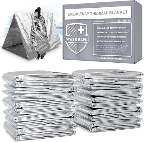 Swiss Safe Emergency Mylar Thermal Blankets + Bonus Space Blanket - Compact Insulated for Cold Weather, 25 Pack