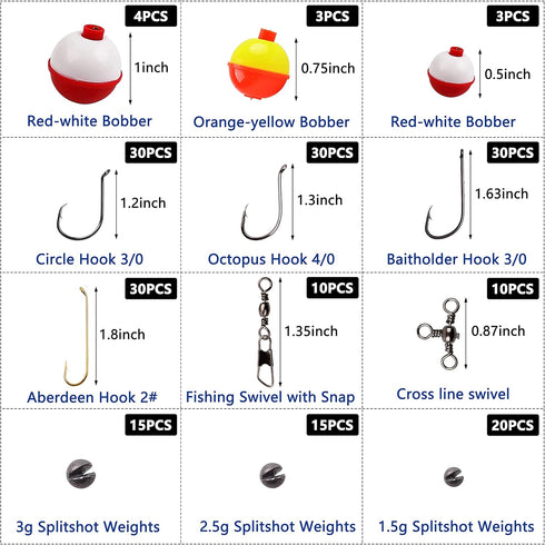 Fishing Hooks Bobbers Tackle Kit - 200pcs Basic Fishing Tackle Box Set for Kids Starter Beginners