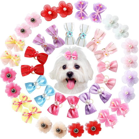 40 Pieces Dog Bows, Cute Puppy Dog Bowknot Hair Bows, Handmade Hair Accessories with Rubber Bands, Multicolor Grooming