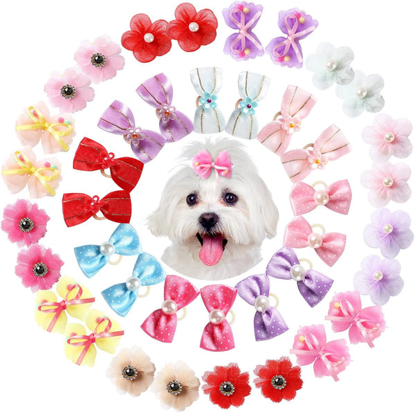 40 Pieces Dog Bows, Cute Puppy Dog Bowknot Hair Bows, Handmade Hair Accessories with Rubber Bands, Multicolor Grooming
