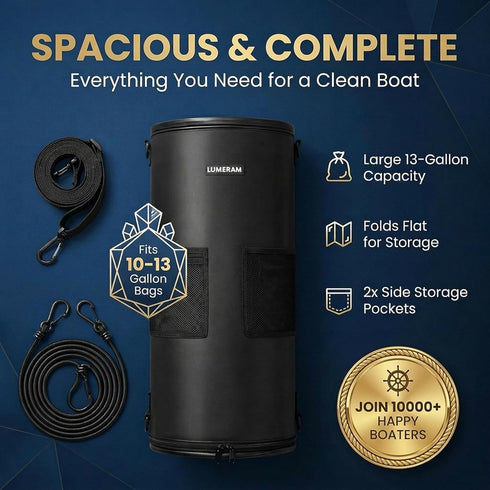 LUMERAM 2 100% 10-13 Premium Boat Trash Can with Side Pockets and Bottom Zipper Opening Odor & Leak Resistant Boat