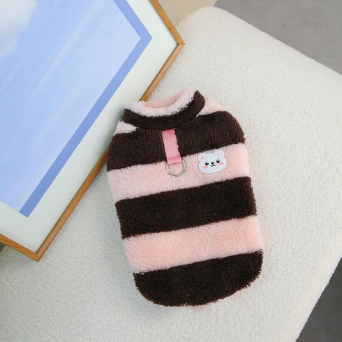 Dog Winter Warm Clothing Striped Vest with Cute Little Bear Pattern Plush Sweater (Black Pink, Medium)