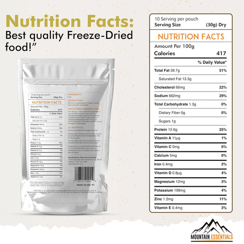 10 7-Year Pack 1 MOUNTAIN ESSENTIALS Freeze-Dried Shredded Pork Fully Cooked, Ready-to-Eat Meat | Servings per Pouch |