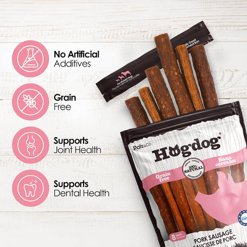 8 Pack Palz&Co Hogdog Pork Sausage Dog Treats - of All-Natural Grain-Free Chews for Dogs, Supports Dental Health & Hip