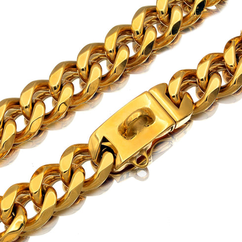 Strong Stainless Steel Gold Dog Collars, 23MM Cuban Link Chain, Safety Buckle Lock, for All Sizes (24")