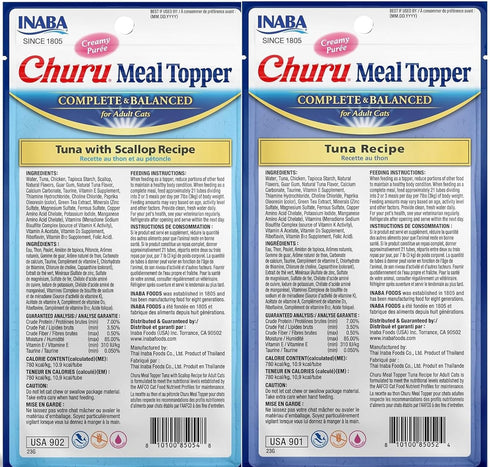 INABA Churu Meal Topper for Cats, Complete & Balanced, Creamy Lickable Purée Cat Food Topper, 0.5 Ounce Tube, 48 Tubes