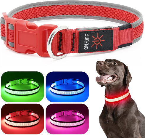 LED Dog Collar, USB Rechargeable Light Up Dog Collar Lights, Adjustable Comfortable Soft Mesh Safety Dog Collar for Small, Medium, Large Dogs(Large, Ruby Red)