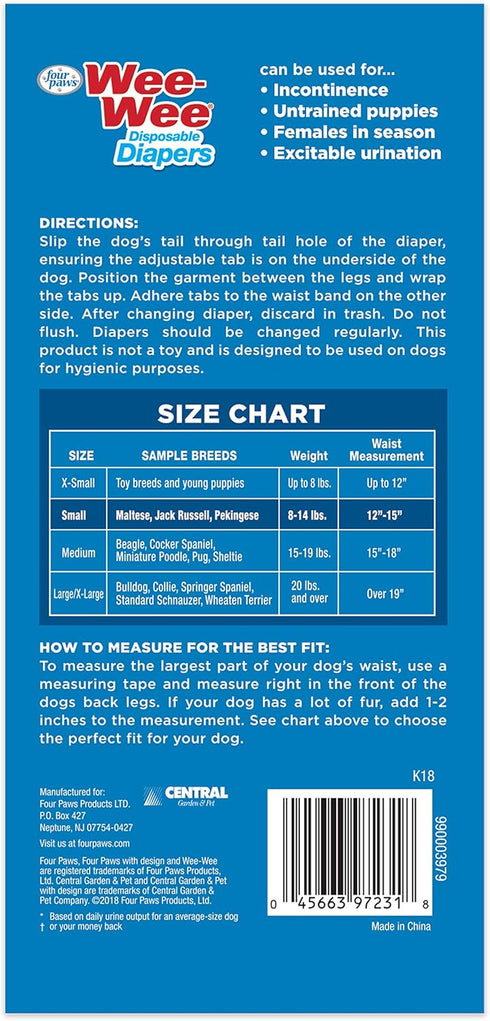 12" 15" 12 Count Four Paws Wee-Wee Super Absorbent Disposable Adjustable Dog Potty Training Diapers, Leak-Proof
