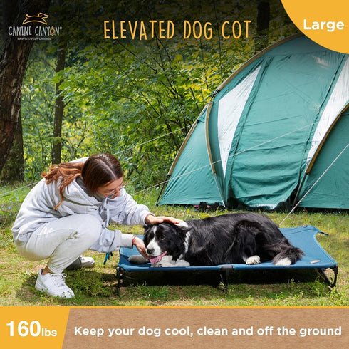 Folding Raised Dog Bed - Large Outdoor Elevated Dog Bed - Heavy Duty Cooling Dog Cot for Camping - Dark Blue