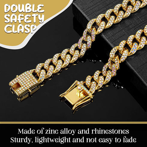 LEIFIDE Dog Chain Collar, Diamond Link 12 mm Wide Necklace for Small Medium Large Dogs Cats (Gold, AB Color, 12 Inch)