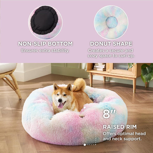 Bedsure Calming Dog Bed for Medium Dogs, Donut Washable Plush Faux Fur Cat Bed - Multi-Colored, 30 inches