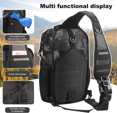 Pack Backpack Rover Sling Tactical Shoulder Sling Bag with Bottle Holder Crossbody Chest Bag, Black Camo