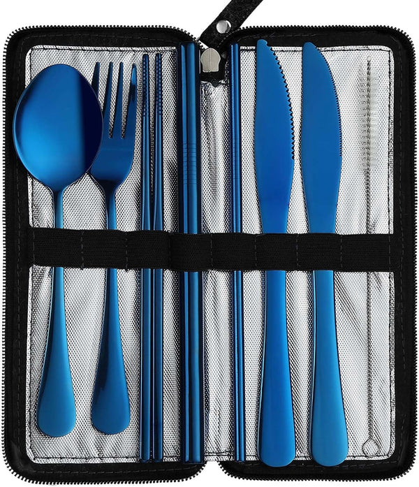 VANDBAO Camping Utensils Set, Portable Travel Cutlery with Case, Reusable Stainless Steel, Includes Extra Knife and