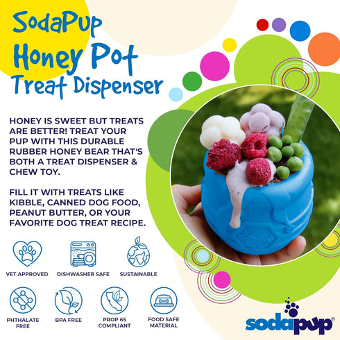SodaPup Honey Pot, Durable Dog Treat Dispenser & Enrichment Toy Made in USA from Non-Toxic Rubber Material