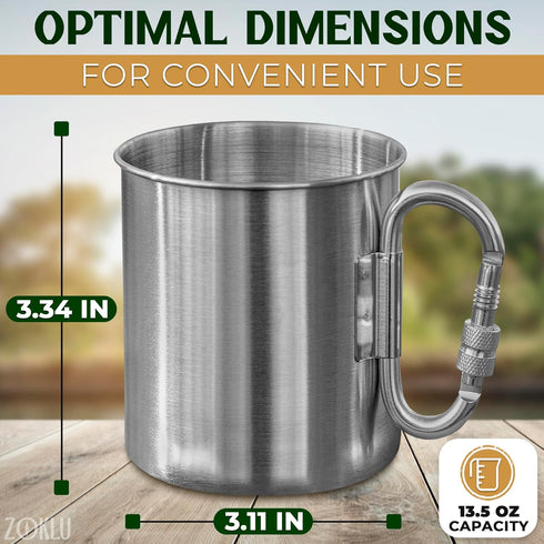 Stainless Steel Mug with Handle - Coffee Camping Mug with Carabiner Handle Portable Backpack Outdoor Cup Lightweight Camping Gear for Men - 13.5Oz Backpacking Coffee Cup Hiking Gift Climbing Mug by ZOKLU