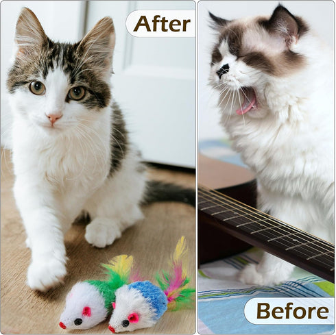 20 PCS Furry Cat Toys Squeak Mouse Rattle Mice with Feather Tails (Random Color)