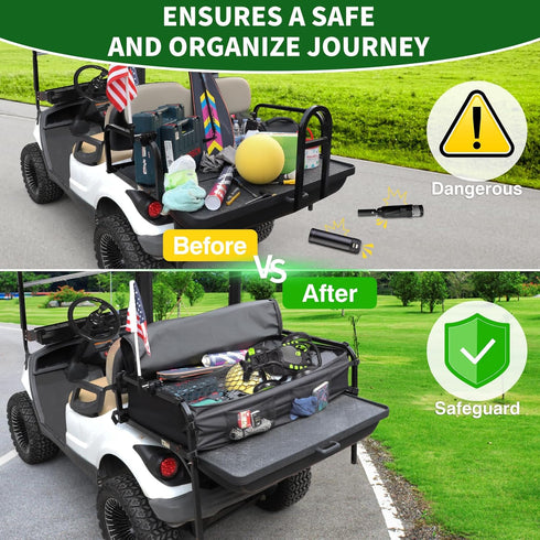 Golf Cart Rear Storage Bag for 4 Passenger EZGO, Club Car, Yamaha, 900D Water-Repellent Cargo Box with Secure Net
