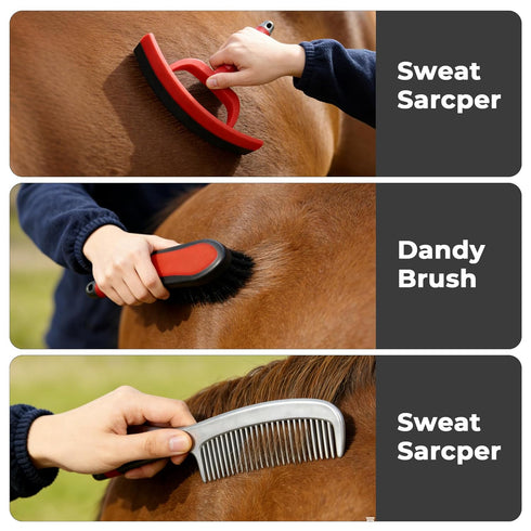 Amouu 9-Piece SteadyRide Pro - Professional Horse Grooming Kit - Stable-Ready Hanging Bag with Ergonomic Pro-Grip